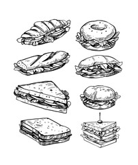Set of  sandwiches filled with vegetables, cheese, meat, bacon. Vector illustration in sketch style. Fast food - obrazy, fototapety, plakaty