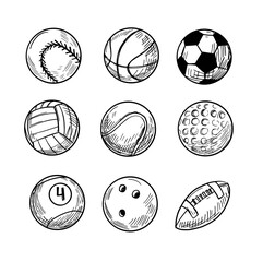 Fototapeta premium Sport balls, vector sketch illustration, black isolated outline