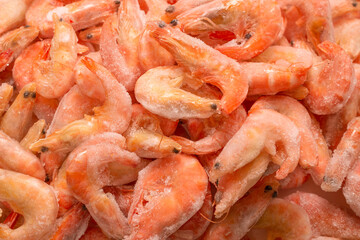 Fresh shrimps in ice. Top view.