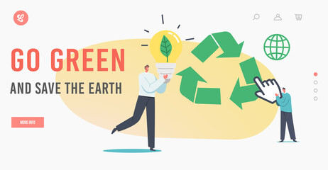 Go Green and Save the Earth Landing Page Template. Tiny Businessman Character with Light Bulb and Green Leaf inside