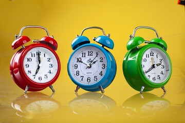 Three colorful alarm clocks on yellow background