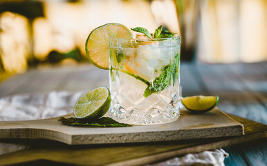 Moody dark photography of a cold drink, a glass of mojito with mint leaf, ice, lemon and sugar on a...