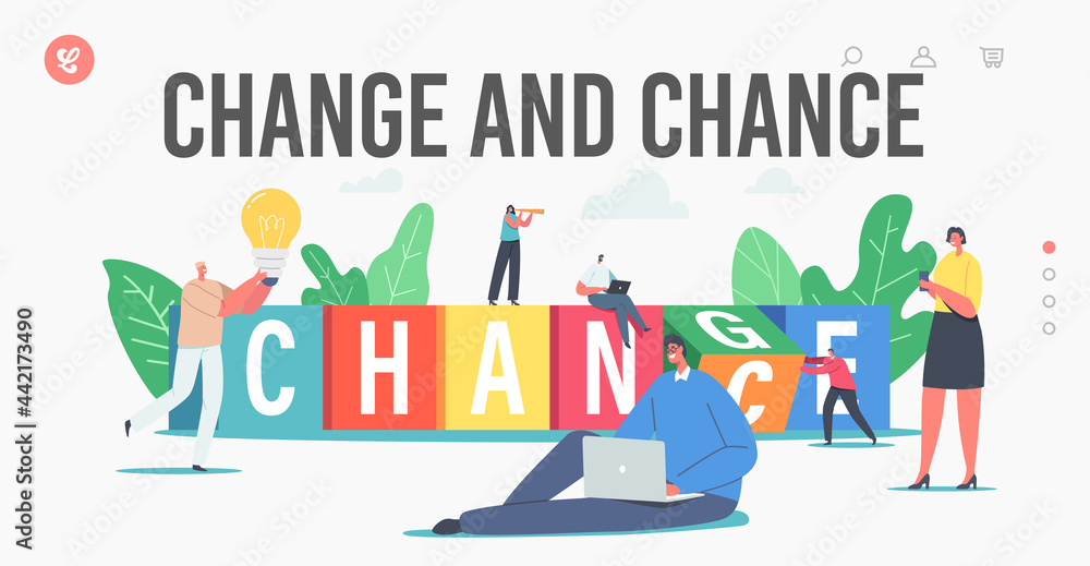 Wall mural change and chance landing page template. tiny business characters have creative idea or vision for p