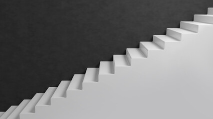 Ascending white stairs on black wall background. 3D rendered image.