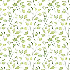 Seamless pattern with hand painted watercolor green leaves