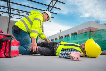 Accident at construction site. Physical injury at work of construction worker. First Aid Help a construction worker who accident at construction site. First Aid Help at accident in constructions work.