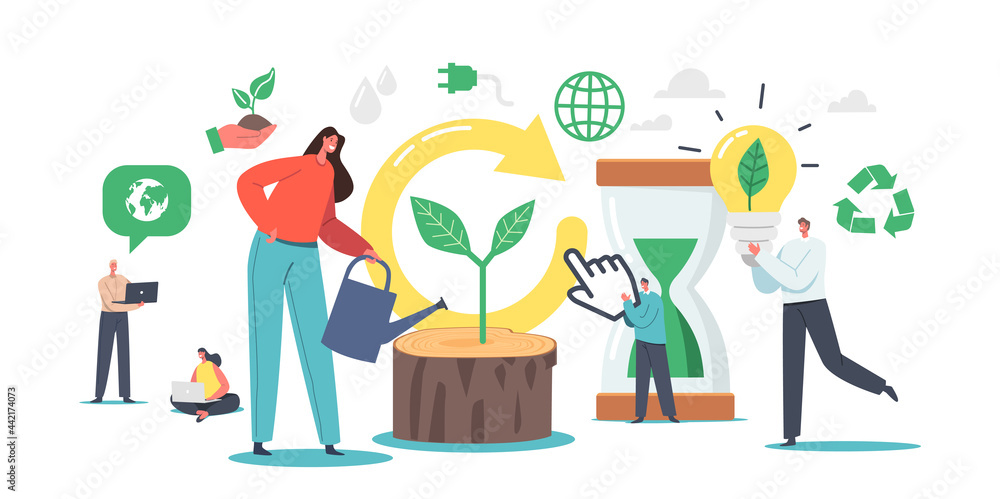 Poster refresh and renew concept, tiny characters restart project with new vision or strategy. renew life g
