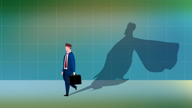 Cartoon businessman with super hero shadow walking animation. Business metaphor of progress, success, career advancement, climbing up career ladder or stairs. 