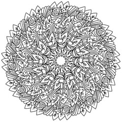 Contour mandala with mushrooms and leaves, abstract coloring page with plant and fantasy motifs