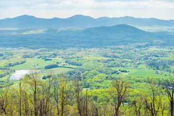 Afton valley aerial view from Blue Ridge parkway appalachian mountains in summer cloudy day and...