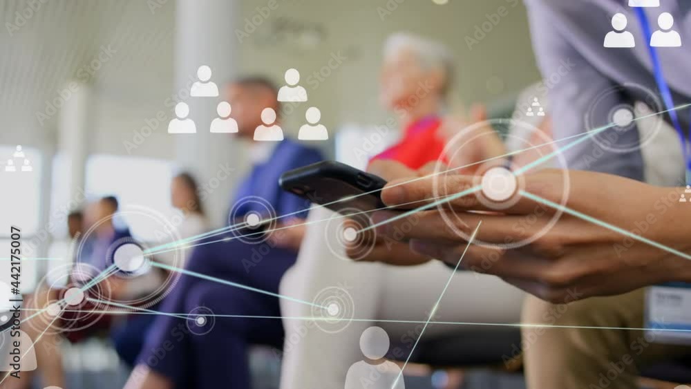 Poster animation of network of digital icons over man using smartphone
