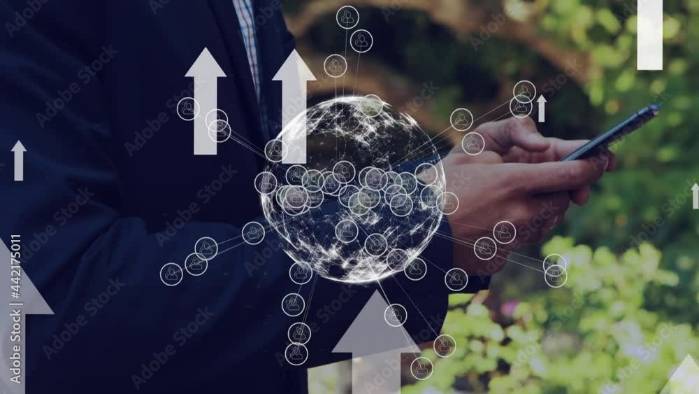 Poster animation of network of digital icons and spinning globe over man using smartphone