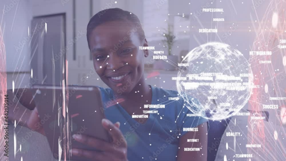 Poster animation of network of digital icons and spinning globe over woman using tablet