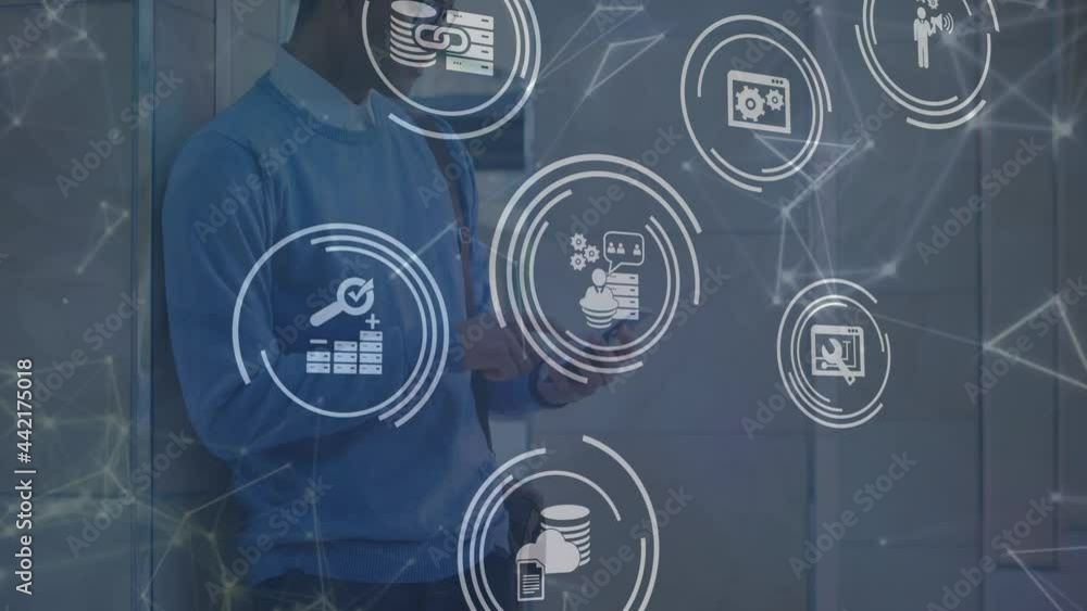 Aufkleber animation of network of digital icons over man using smartphone