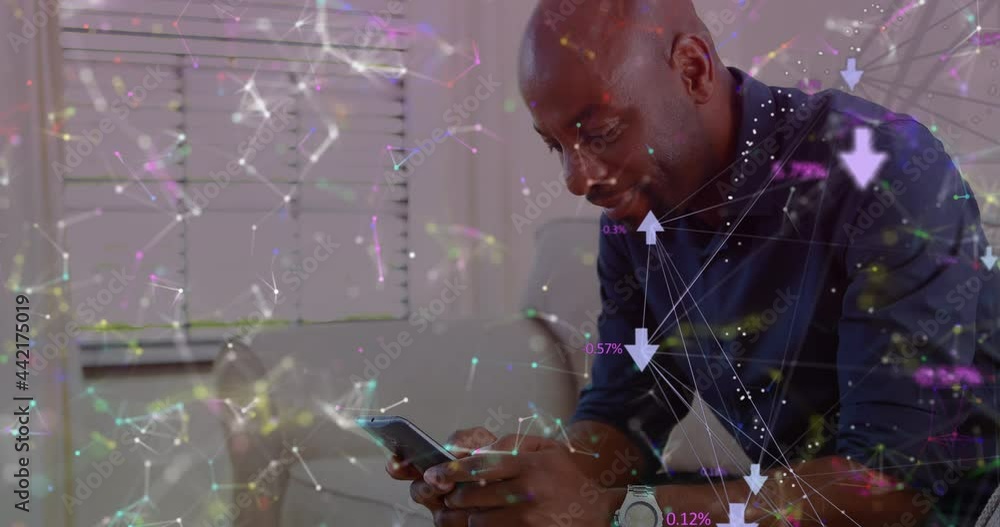 Poster animation of network of digital icons over man using smartphone