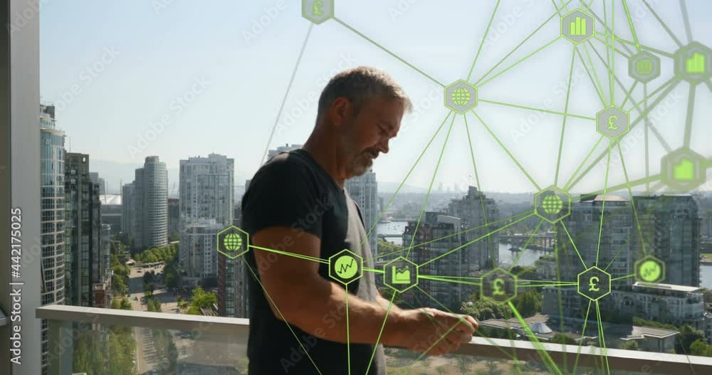Aufkleber animation of network of digital icons over man using smartphone