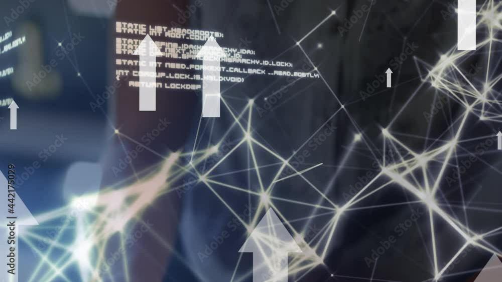 Poster animation of network of digital icons and data processing over woman using tablet and vr headset