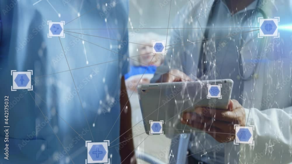 Poster animation of network of digital icons over doctors using tablet