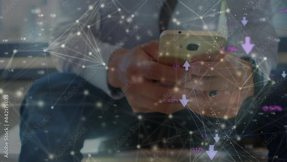 Aufkleber animation of network of digital icons over man using smartphone