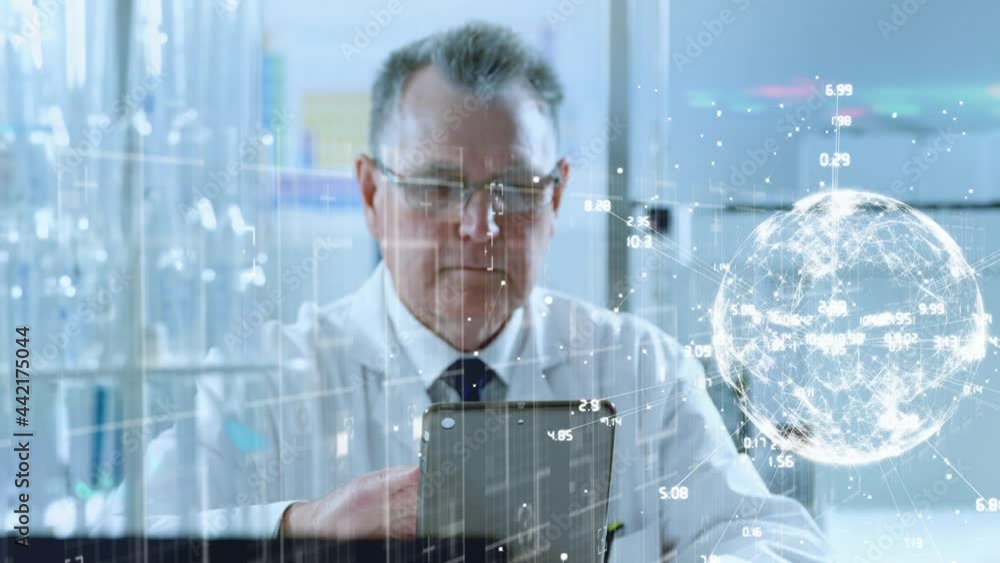 Poster animation of network of digital icons and spinning globe over man using smartphone