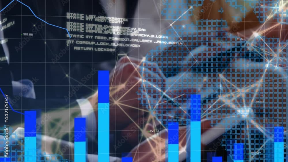 Poster animation of data processing and graph over businesspeople using smartphones
