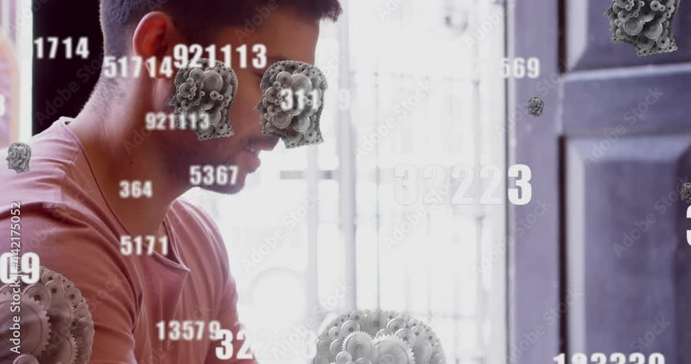 Poster animation of digital icons and data processing over man using smartphone