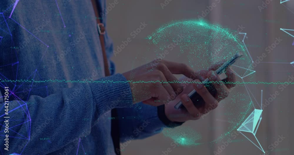 Aufkleber animation of network of digital icons over man using smartphone