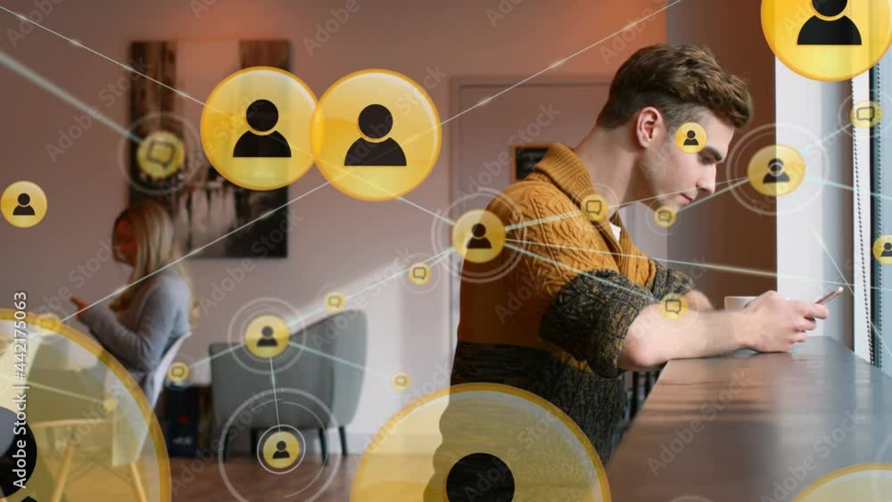 Poster animation of network of digital icons over man using smartphone
