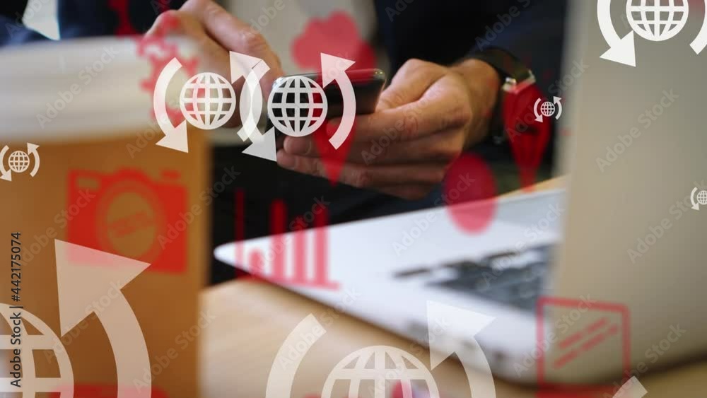 Poster animation of digital icons over man using smartphone