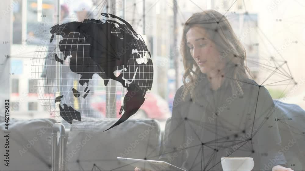 Poster animation of network of digital icons and spinning globe over woman using smartphone