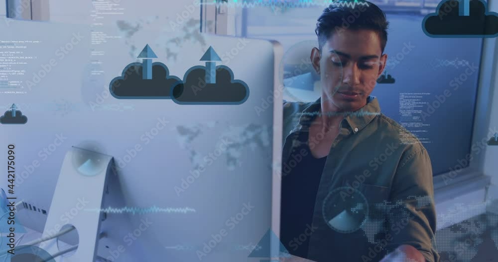 Poster animation of digital icons and data processing over man using computer