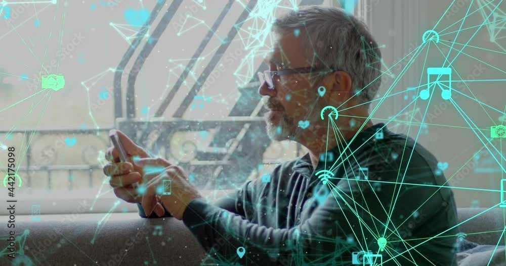 Aufkleber animation of network of digital icons over man using smartphone
