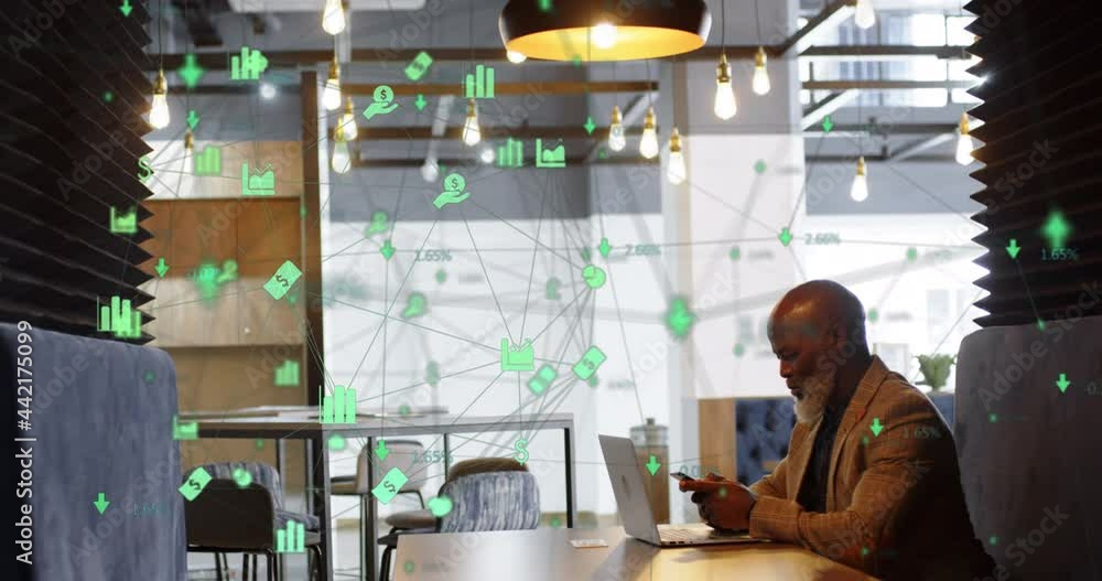 Poster animation of network of digital icons over man using smartphone