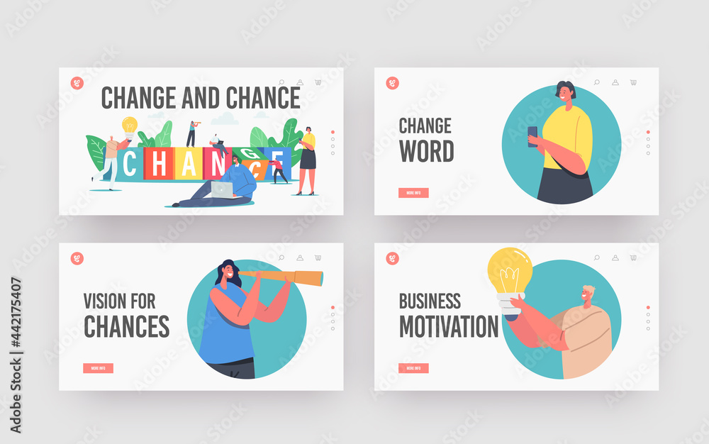 Poster change and chance landing page template set. tiny business characters have idea or vision for creati
