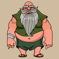 cartoon hefty potbellied bearded grandfather stands eyes closed