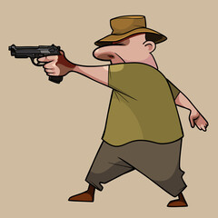 cartoon man in a hat expertly and passionately aims a pistol