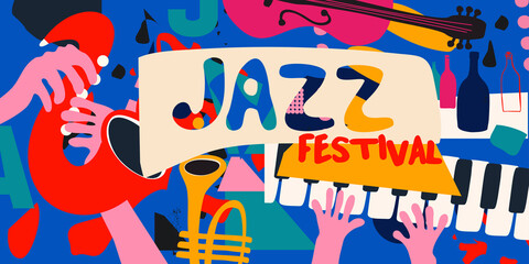 Jazz music promotional poster with musical instruments colorful vector illustration. Piano keys, trumpet and saxophone banner for live concert events, music festivals, shows, celebrations, party flyer