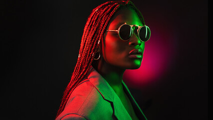Portrait of fashion young girl in round sunglasses in red and green neon light in the studio