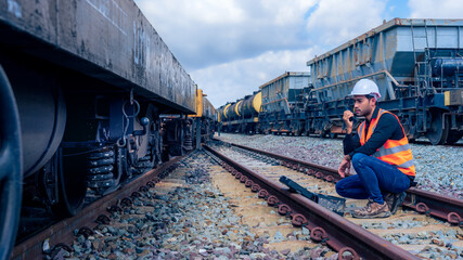 Engineer use walkie talkie, engineer see the train wheel, engineer inspection train wheel