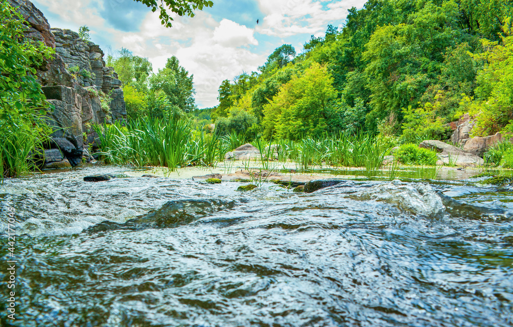 Poster Big waves of Hirskyi Tikych fast river, Buky village, Ukraine