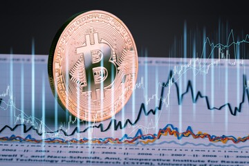 Bitcoin cryptocurrency silver symbol and stock chart candlestick, technology cryptocurrency blockchain.