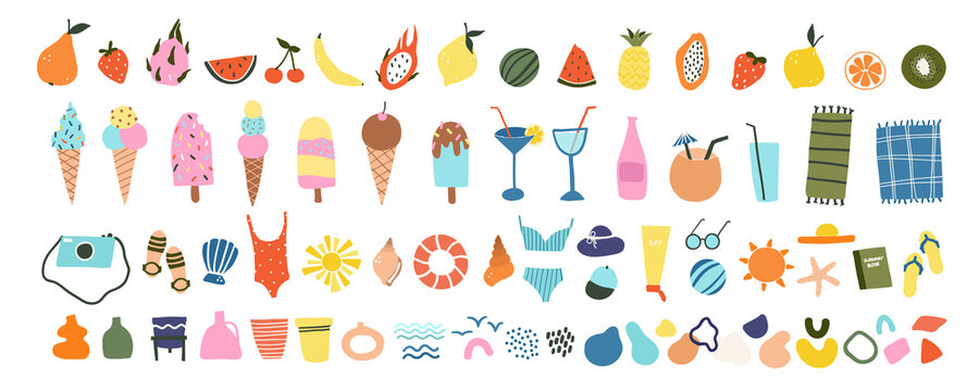 Cute hand drawn summer icons fruits, ice creams, cocktails, beach items. Cozy hygge scandinavian style for postcard, greeting card. Vector illustration in flat cartoon style