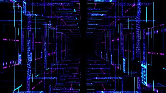 Abstract technological background 3D animation, moving through a futuristic technological or digital cyberspace tunnel corridor or shaft loop.