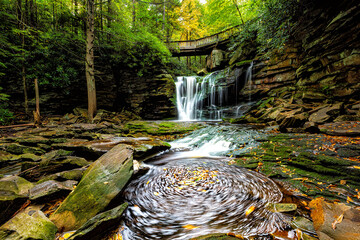 Elakala waterfall in Blackwater Falls state park in West Virginia in fall autumn season with colorful leaves foliage over bridge and swirling pool stream unique nature - Powered by Adobe