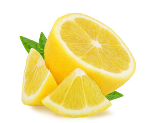 Lemon cut with leaves isolated on a white background