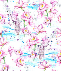 Bright trendy beautiful watercolor textile pattern with pink pink orchid flowers and leopard on a white background.