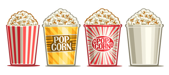 Vector set of Popcorn Buckets, decorative cut out illustrations of buckets homemade salted popcorn, banner with 4 different popcorns for fastfood cafe in movie theatre on white background.