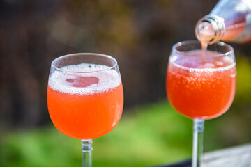 Closeup of two glasses of juice Italian drink glass bottle carbonated blood orange grapefruit Italian soda and bokeh background of nature