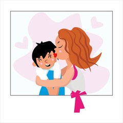 mom hugs her son. bright colors. can be used on postcards, birthday invitations, mother's day greetings