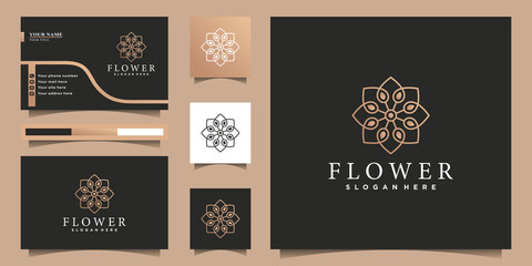 Flower logo with creative line art concept and business card design Premium Vector